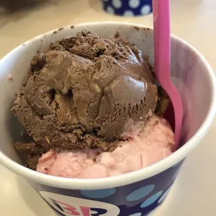 Two child size scoops. Chocolate Peanut Butter and Peppermint.