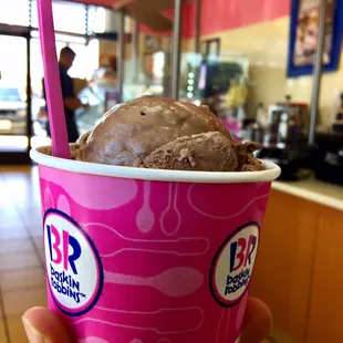 Double scoop served in a cup.