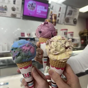 three cones of ice cream