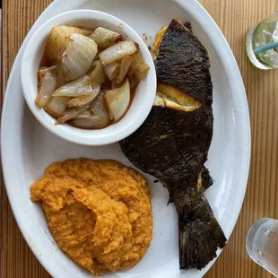 Flounder, sweet potatoes, roasted onions
