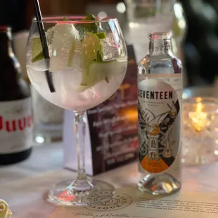 Bar drinks gin and tonic they have three different choices this is the cucumber.