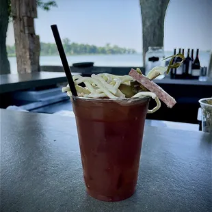 Spicy pickle Bloody Mary.