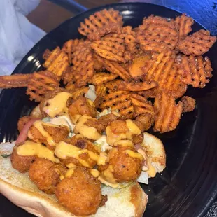 Breaded Cauliflower sandwich w/ sweet potato waffle fries