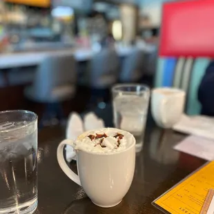 a cup of coffee and a glass of water