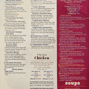 Appetizers, salads, chicken, vegetarian, and soup menu.