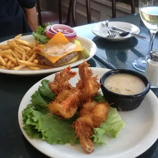 Cheeseburger and coconut shrimp