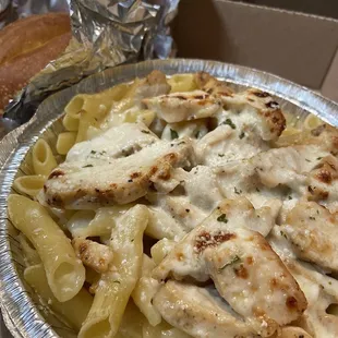 Chicken Alfredo and garlic bread