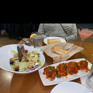 Meatball crostini, house salad and bread