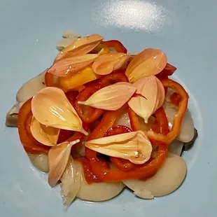 a plate of sliced vegetables on a blue plate