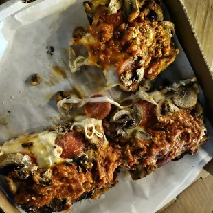 Pepperoni, sausage,  and mushroom Detroit Style pizza