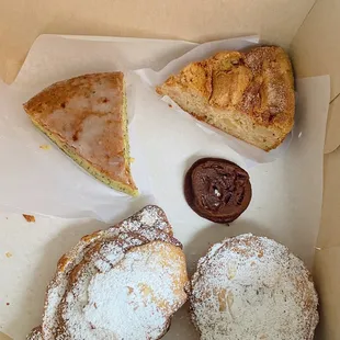 frangipane croissant, frangipane raspberry mini tart, apple cake, almond poppyseed cake, mini chocolate cookie