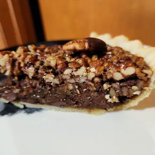 Dark chocolate bourbon pecan pie slice