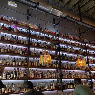 a wall of liquor bottles