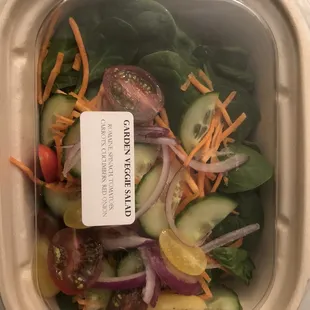 Garden veggie salad underneath is chopped green lettuce (dressing on side options ranch or oil+balsamic vinegar)