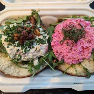 Half spicy chicken, half house pink egg salad