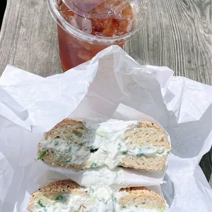 Happy Sunday! Sesame bagel with scallions cream cheese and iced tea