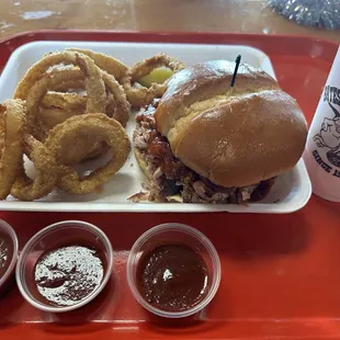 Shredded Rib Meat Sandwich and Onion rings