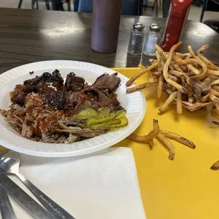 Brisket, burnt ends and pulled pork. Also as side of their famous hand cut french fries.