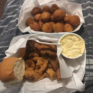 Cat Catfish Dinner, Potato Salad, Hush Puppies