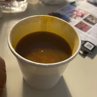 Soup almost half empty.  None was spilled or eaten from this.  Be sure to fully check your order before leaving.