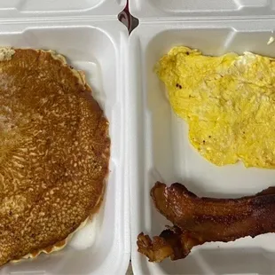 Pancakes, bacon, scrambled eggs