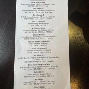 Beer menu