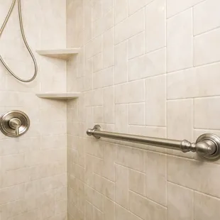 a shower with a hand rail