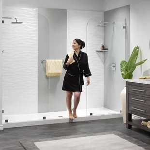 a woman standing in a bathroom