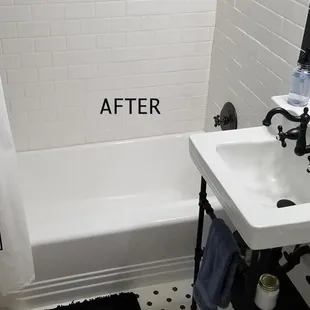 before and after shots of a bathroom