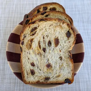 Raisin toast (3 pieces for $2.70). Thick, fluffy, just a little bitterness offset by raisins.