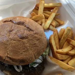 a hamburger and french fries