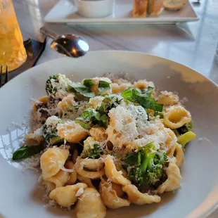 Pasta, roasted broccoli and goat sausage appetizer.   Very good.