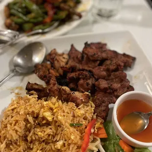 #103- plate with grilled chicken and pork served with house veg fried rice - also came with soup and salad.