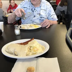 Breakfast special - 2 eggs, choice of meat and choice of bread (biscuit and gravy is a good choice )