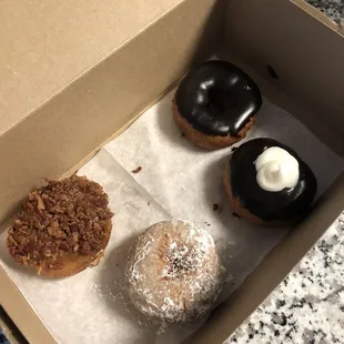 Maple bacon, powdered sugar, chocolate icing, Boston cream