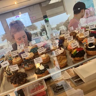 a variety of doughnuts on display