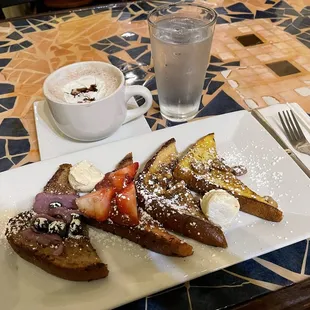 French Toast Flight with hot chocolate and ice water at Batter &amp; Berries in Chicago.