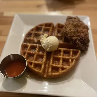 Cluck-N-Gaufre (Goof) with hot sauce on the side