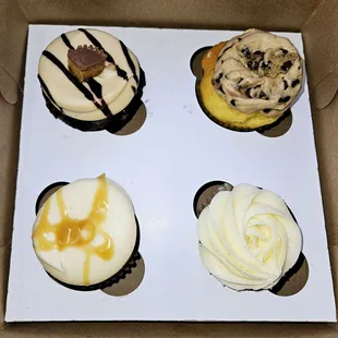 Reese's, Cookie Dough, Salted Caramel, and Wedding Cake Cupcakes