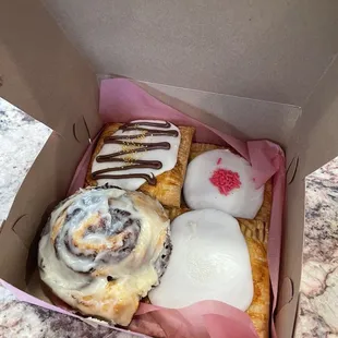 Nutella, strawberry and wedding cake pop tarts with a side cinnamon roll.