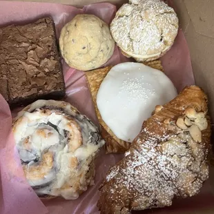 Almond croissant, cinnamon roll, brownie, cookies and pastries!