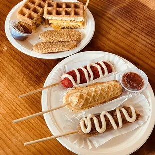 11/07/21 MVP waffle sandwich + hash browns, waffle lollies (red velvet, pizza, cinnamon)