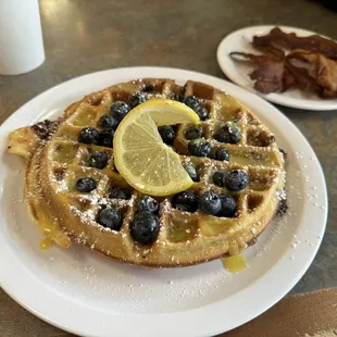 Lemon Blueberry Waffle with a side of bacon - AMAZING!!!
