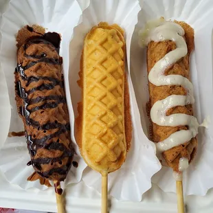 Three Lolly Waffles. Chocolate, pizza, and cinnamon.