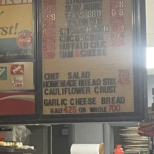 Other side of menu many sandwiches