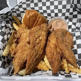 Chicken Strip Basket (comes with fries, a Hawaiian roll and Cajun Sauce)