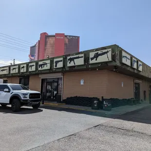 a truck parked in front of a building