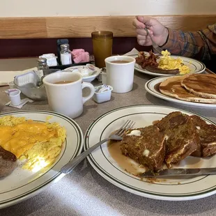 Pumpkin Bread French Toast, eggs and sausage, and the Hungry Appleman Breakfast.