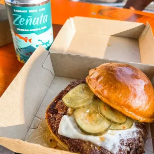Zenata Mexican Amber Lager and burger from Animales Food Truck