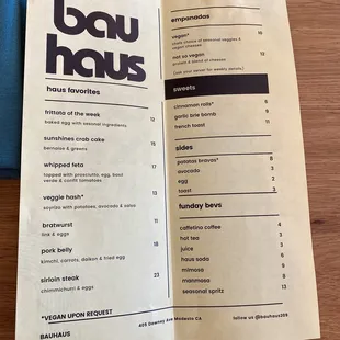 Most recent Bauhaus menu (taken Sunday 11/3/2024)